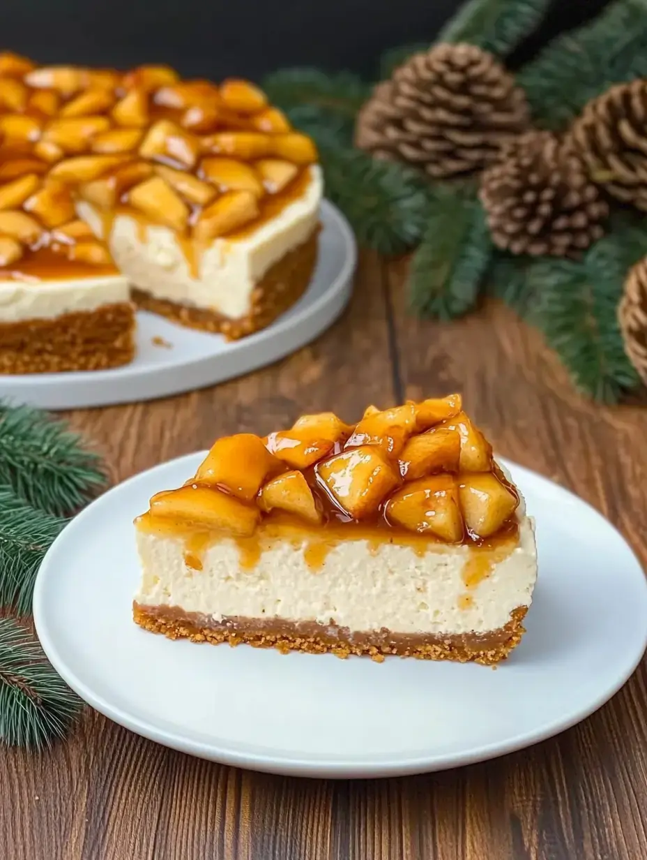 Una porción de tarta de queso con manzanas caramelizadas y base de galleta servida en un plato blanco.