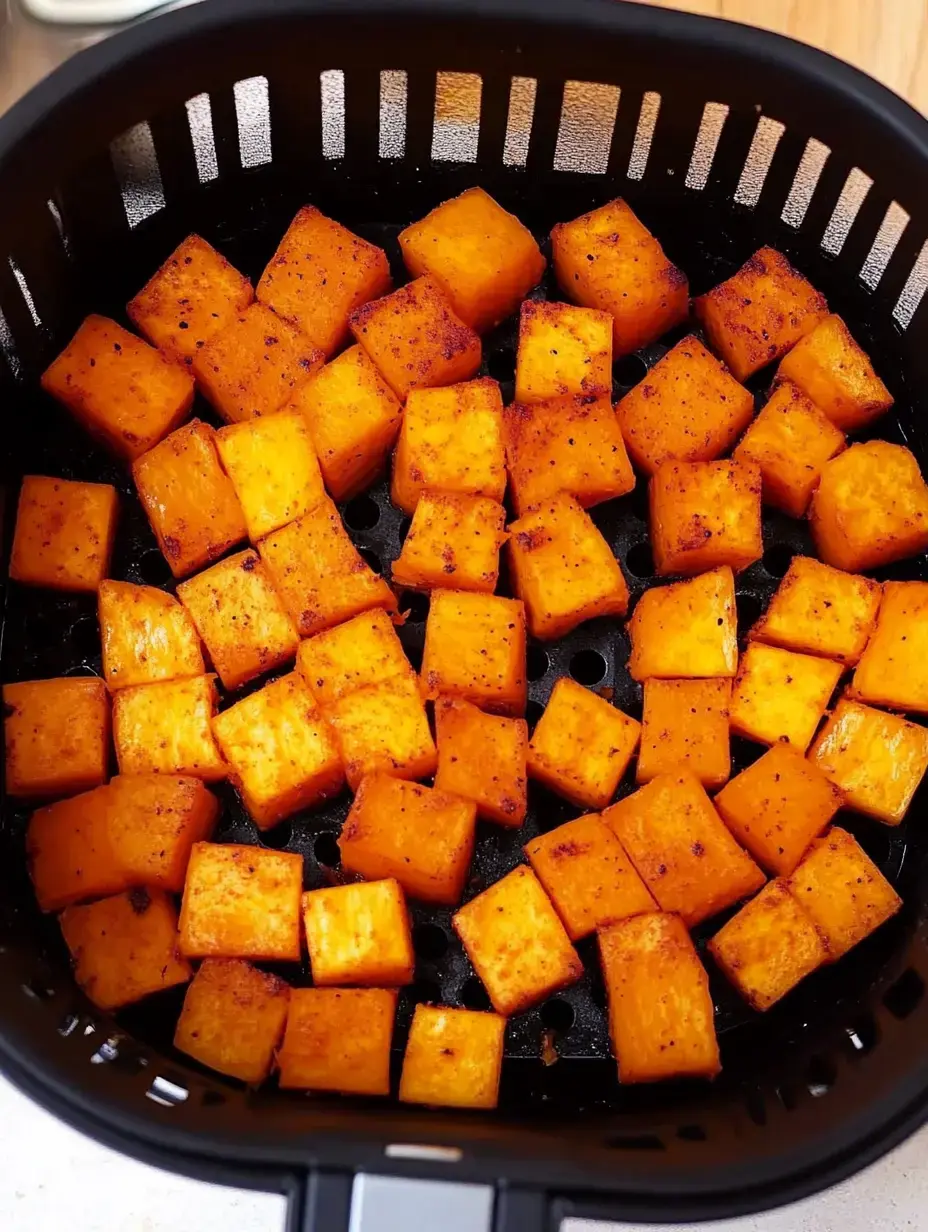 Trozos cuadrados de calabaza asada en una freidora.