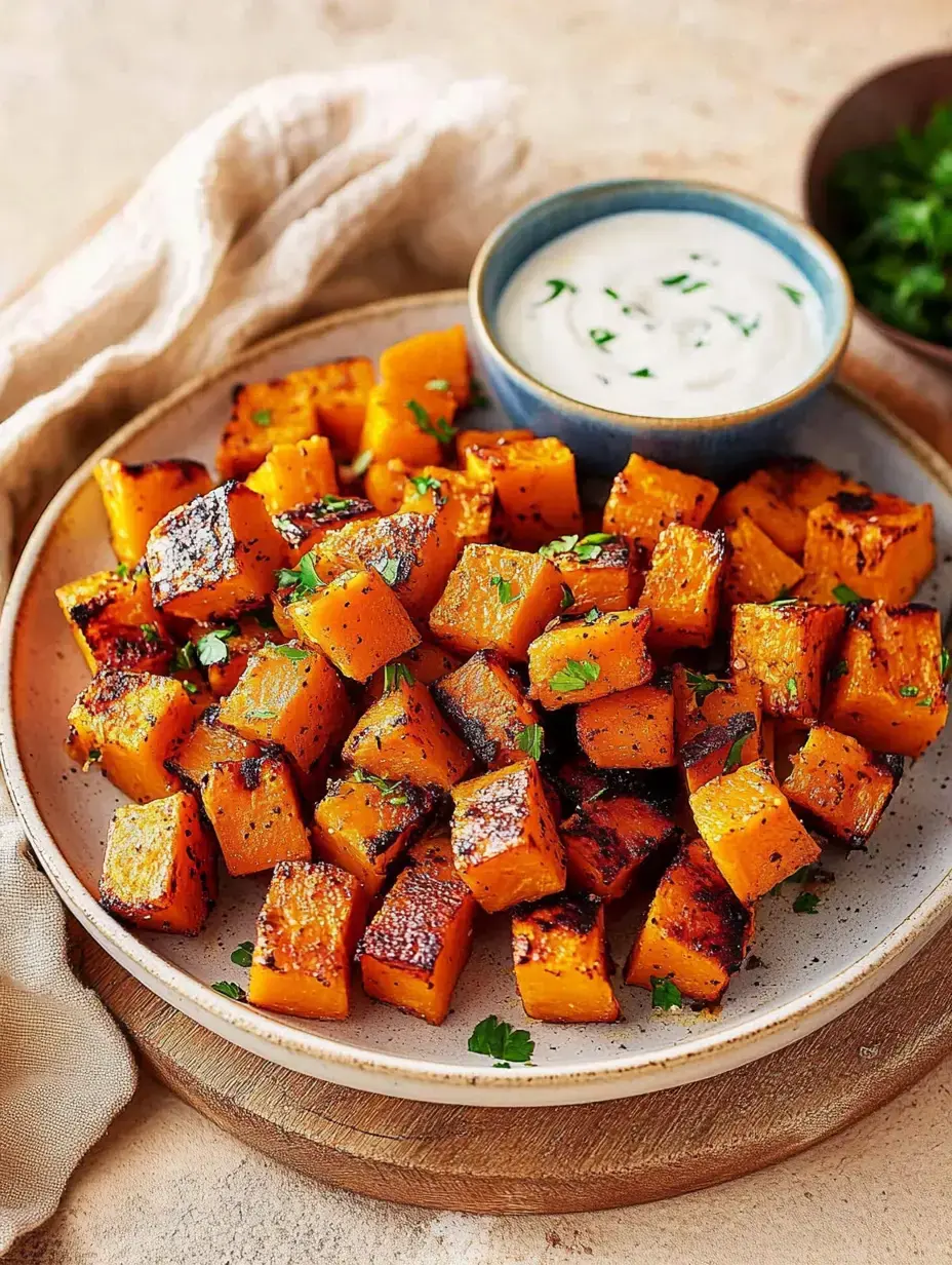 Un plato con trozos de calabaza asada en cubos, decorado con cilantro fresco, junto a un pequeño cuenco con salsa cremosa.