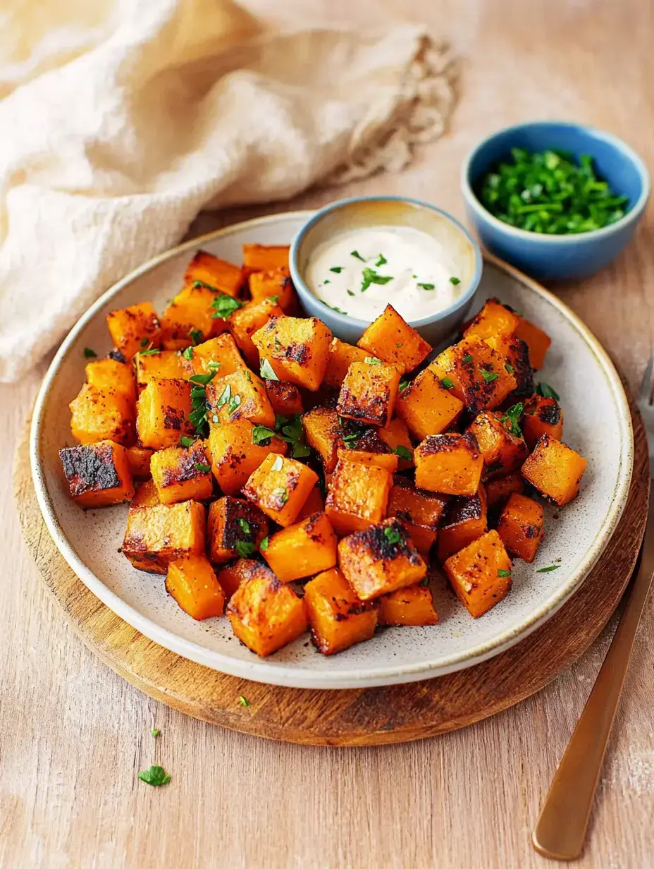 Un plato con dados de calabaza salteados, decorados con hierbas y servidos con una salsa cremosa para mojar.