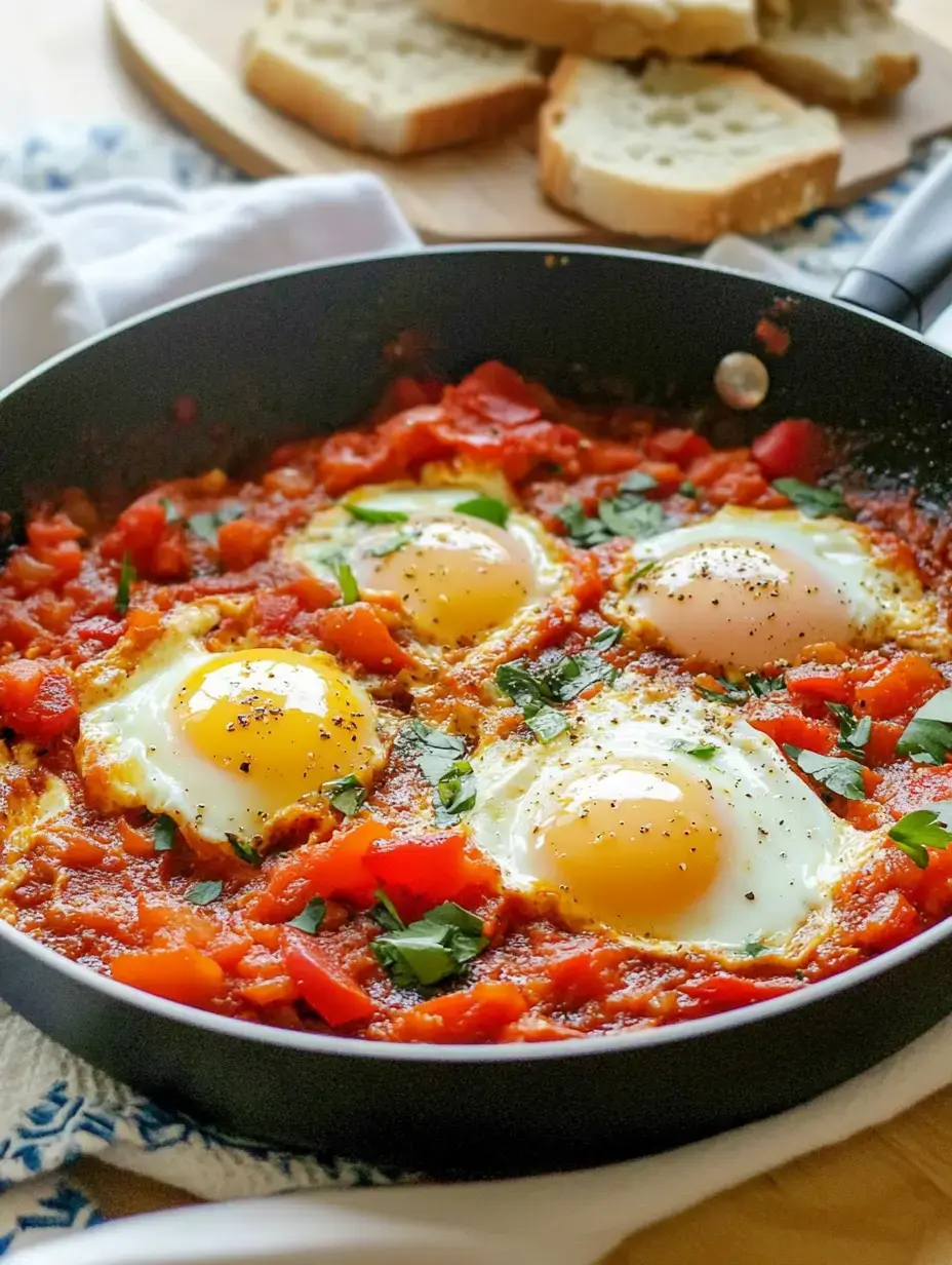 Tres huevos fritos cocinándose sobre una mezcla de tomate y pimiento, decorados con hierbas frescas y pan al fondo.