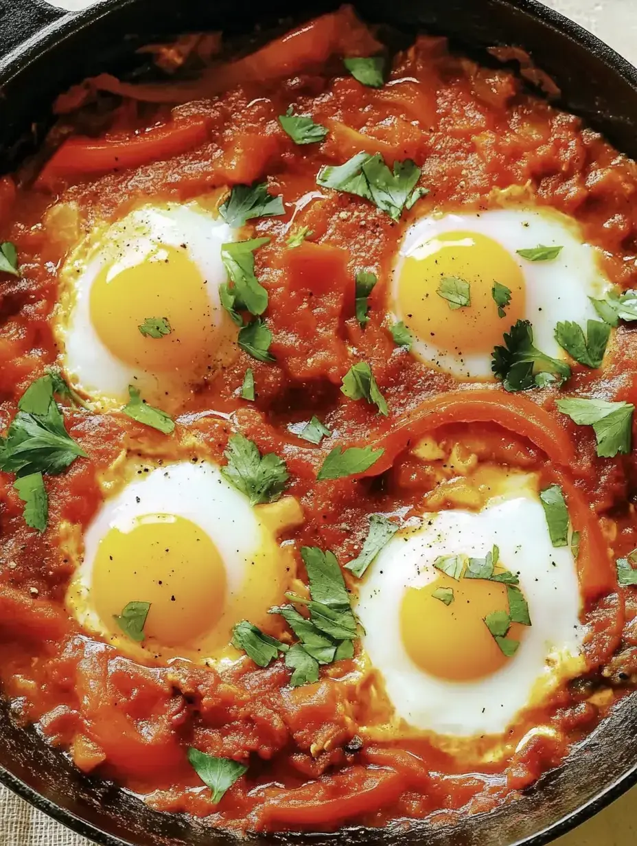 Una sartén con cuatro huevos sobre una salsa de tomate especiada y coronada con cilantro y pimiento.