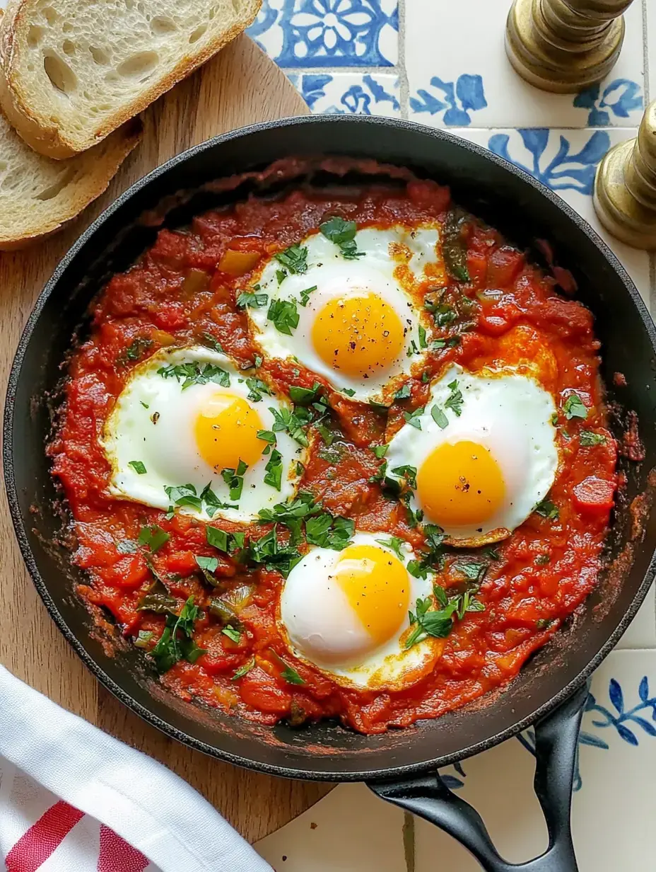 Cuatro huevos al plato sobre salsa de tomate espesa y perejil fresco, al lado dos trozos de pan.