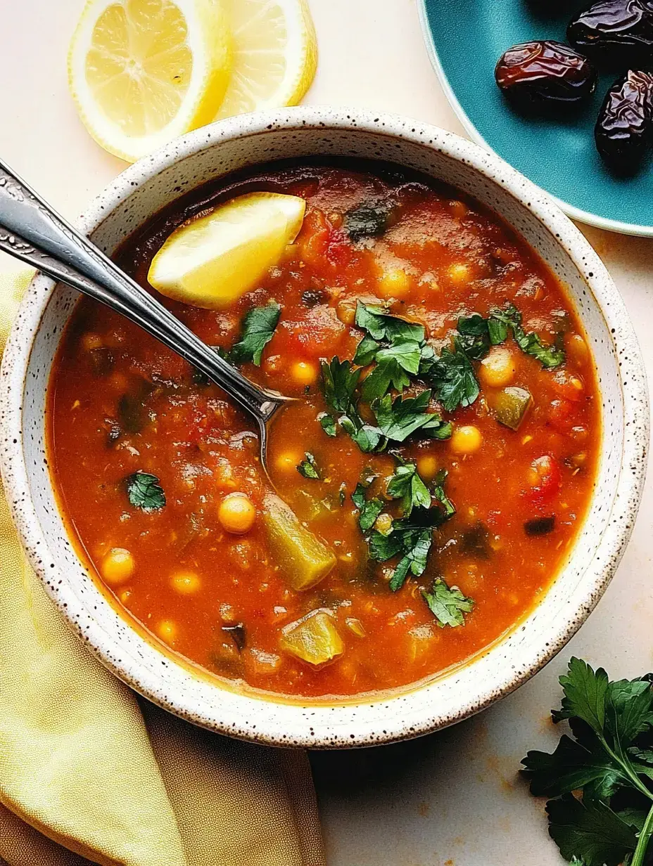 Un cuenco de sopa de verduras colorida con cilantro fresco y una rodaja de limón. Alrededor hay limones partidos y un platito de dátiles.