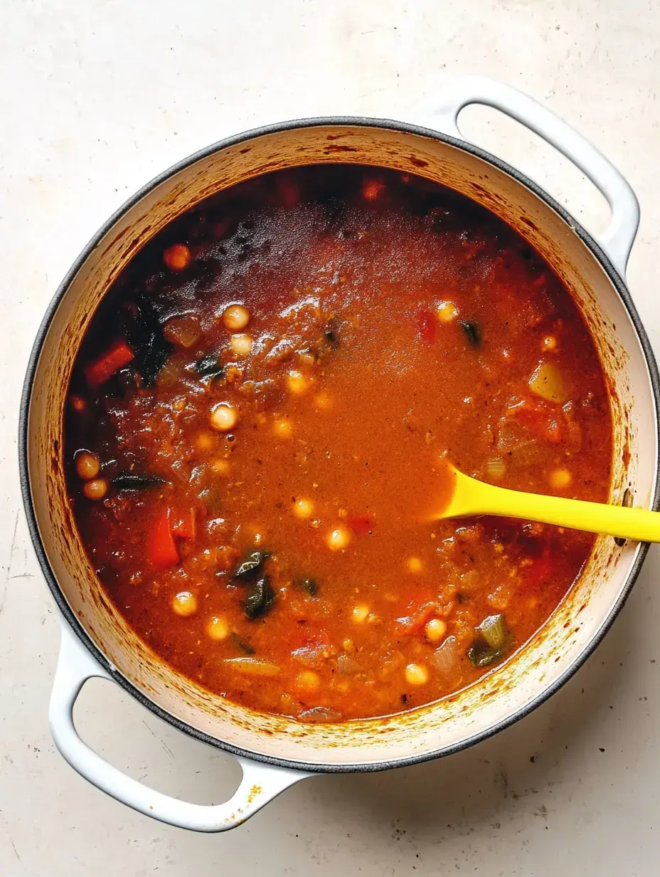 Una olla grande y redonda con sopa abundante de verduras y algunas bolitas de masa, tiene una cuchara amarilla dentro.