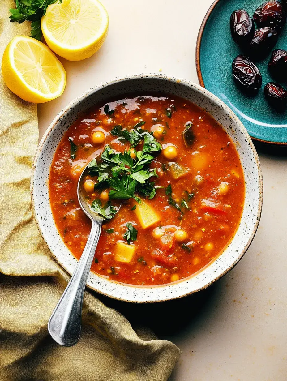 Un bol con sopa colorida de verduras adornada con perejil fresco. Al costado, limones abiertos y un platito con dátiles.