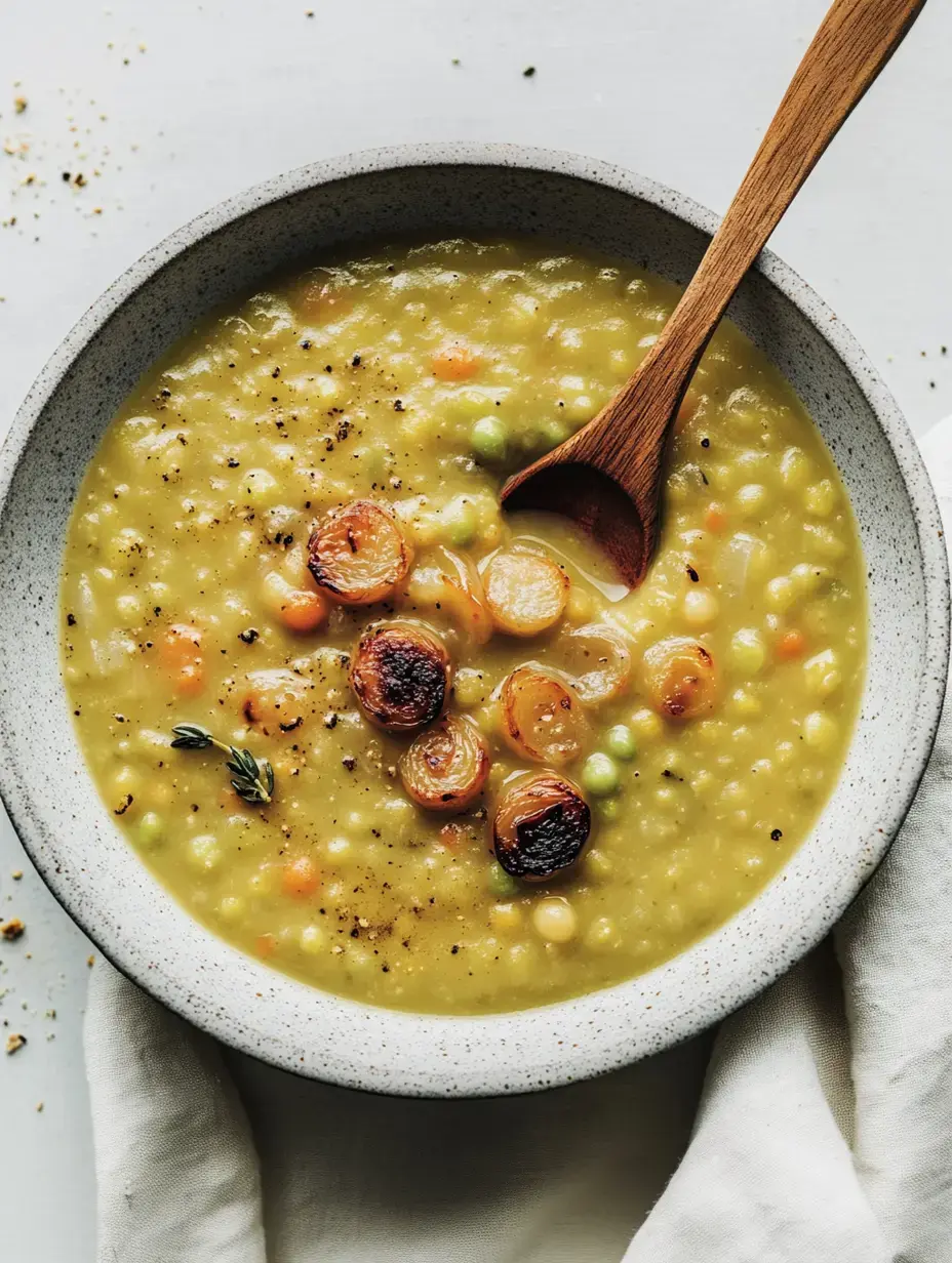 Un bol de sopa cremosa de arvejas con rodajas de zanahoria tostada y una cuchara de madera al lado.