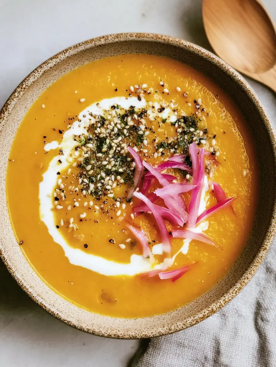 Un bol de sopa naranja, adornada con crema, sésamo, especias y tiras de cebolla roja.