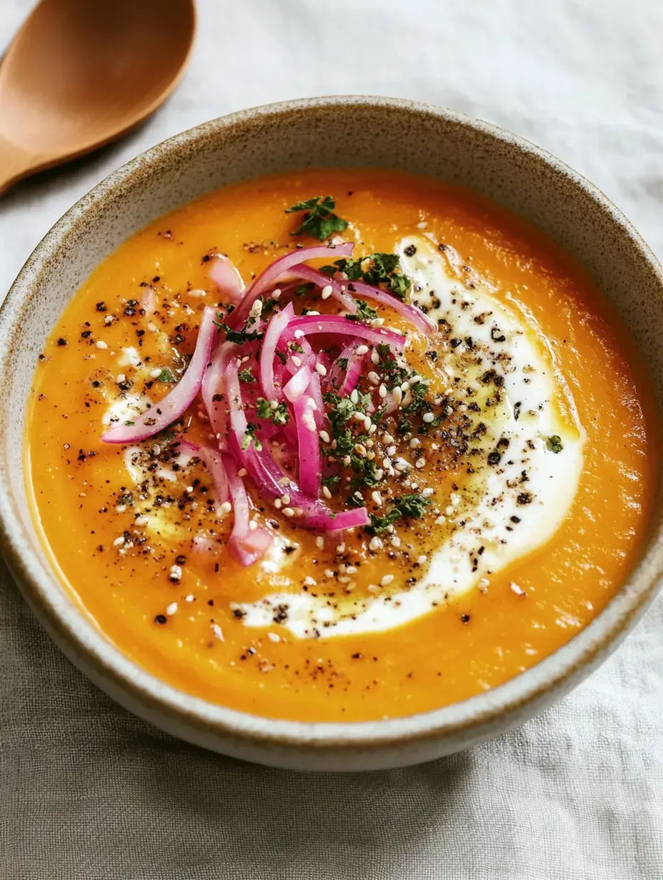 Plato de sopa naranja brillante con cebollas rojas, hierbas, crema encima y especias.