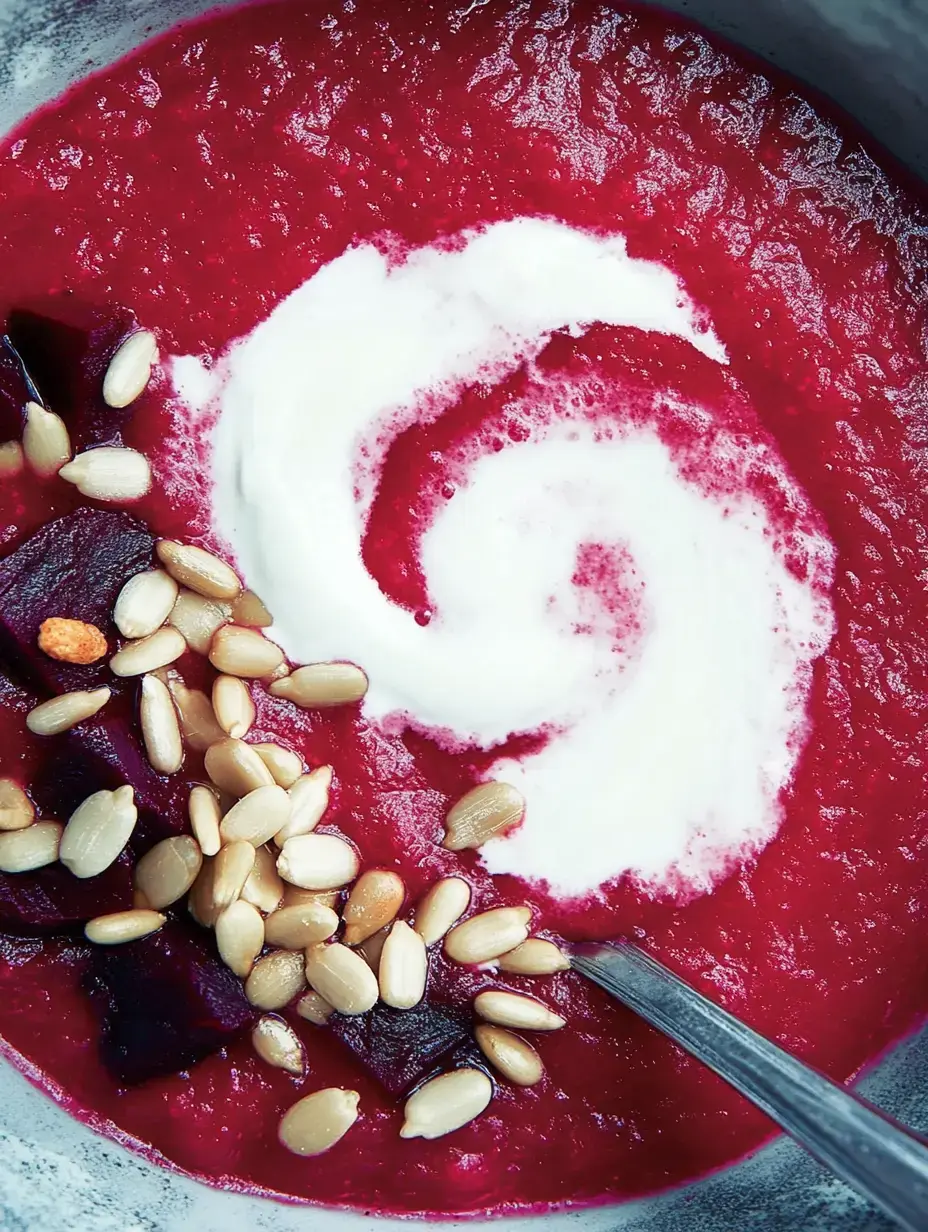 Plato de sopa roja decorado con un poco de crema y pepitas de calabaza.
