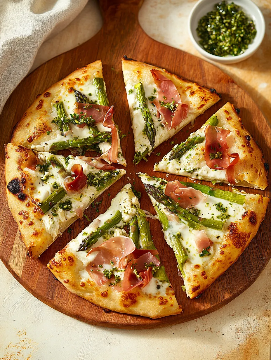 Pizza blanca con espárragos, jamón serrano y gremolata