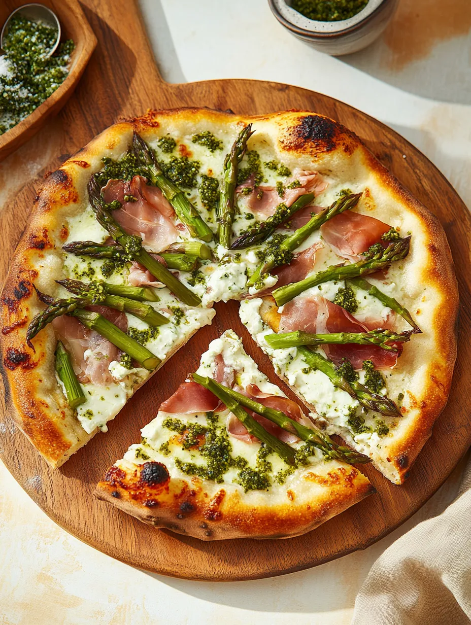 Pizza fácil de espárragos, jamón serrano y gremolata