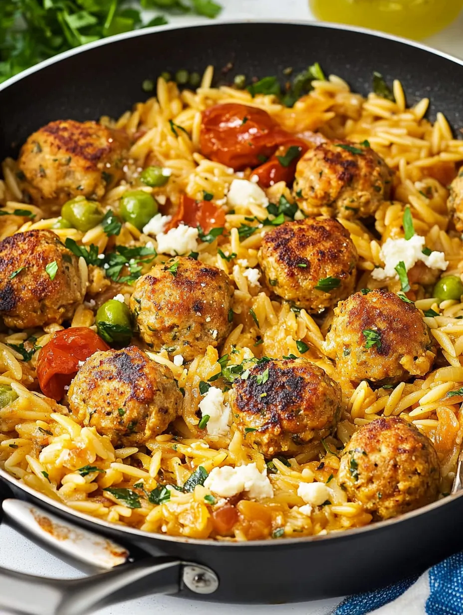 Albóndigas Mediterráneas de Pollo y Orzo en Sartén