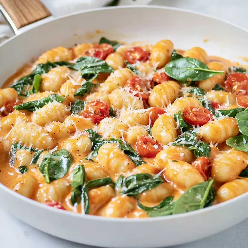 Sartén con gnocchi, espinacas y tomates