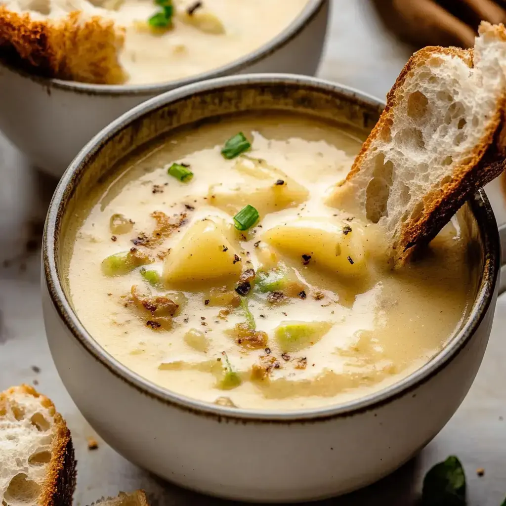Un primer plano de una sopa cremosa con papas y cebollinos, acompañada de un trozo de pan tostado para mojar.