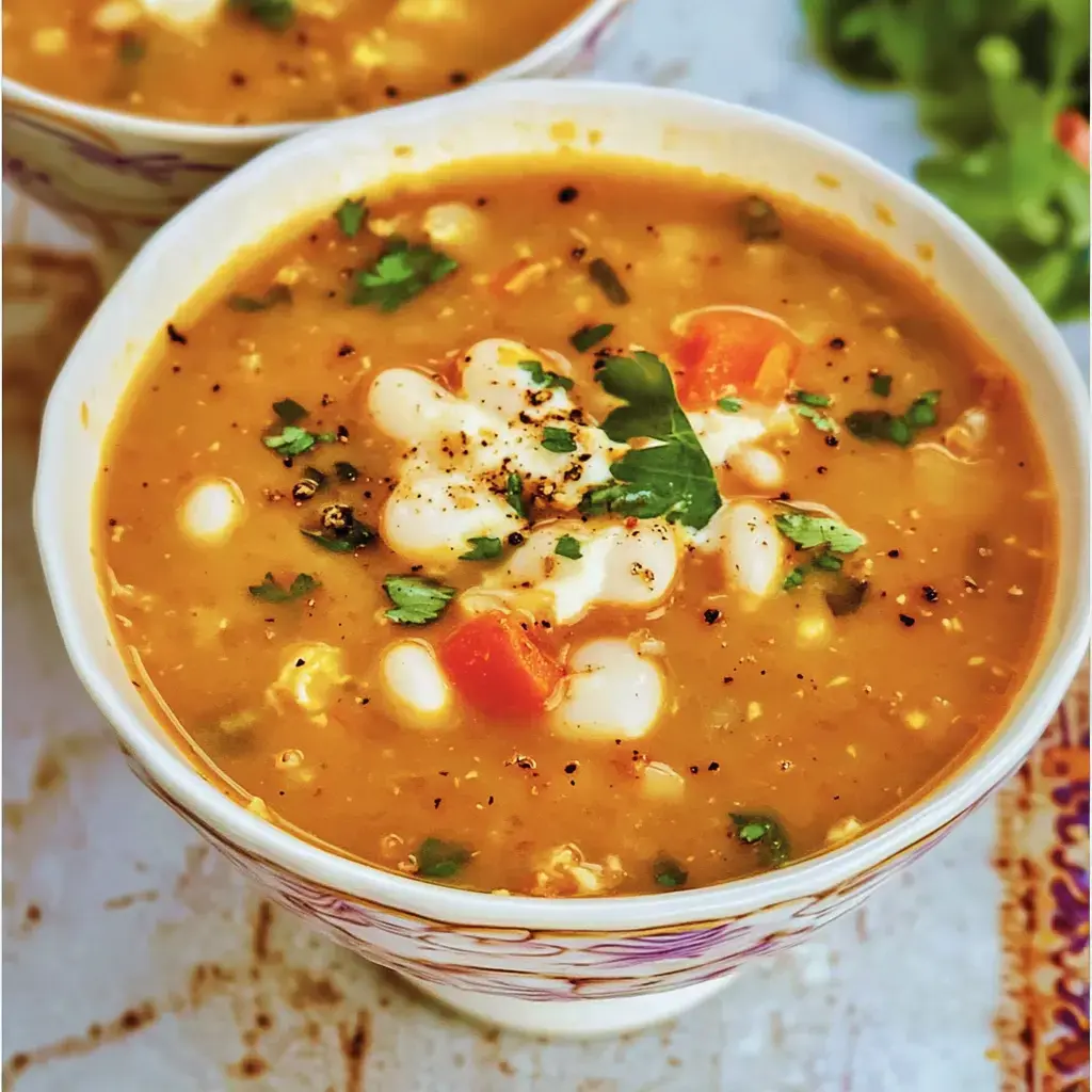 Un acercamiento a tazones de sopa decorados con frijoles blancos, cilantro picado y zanahorias en dados.