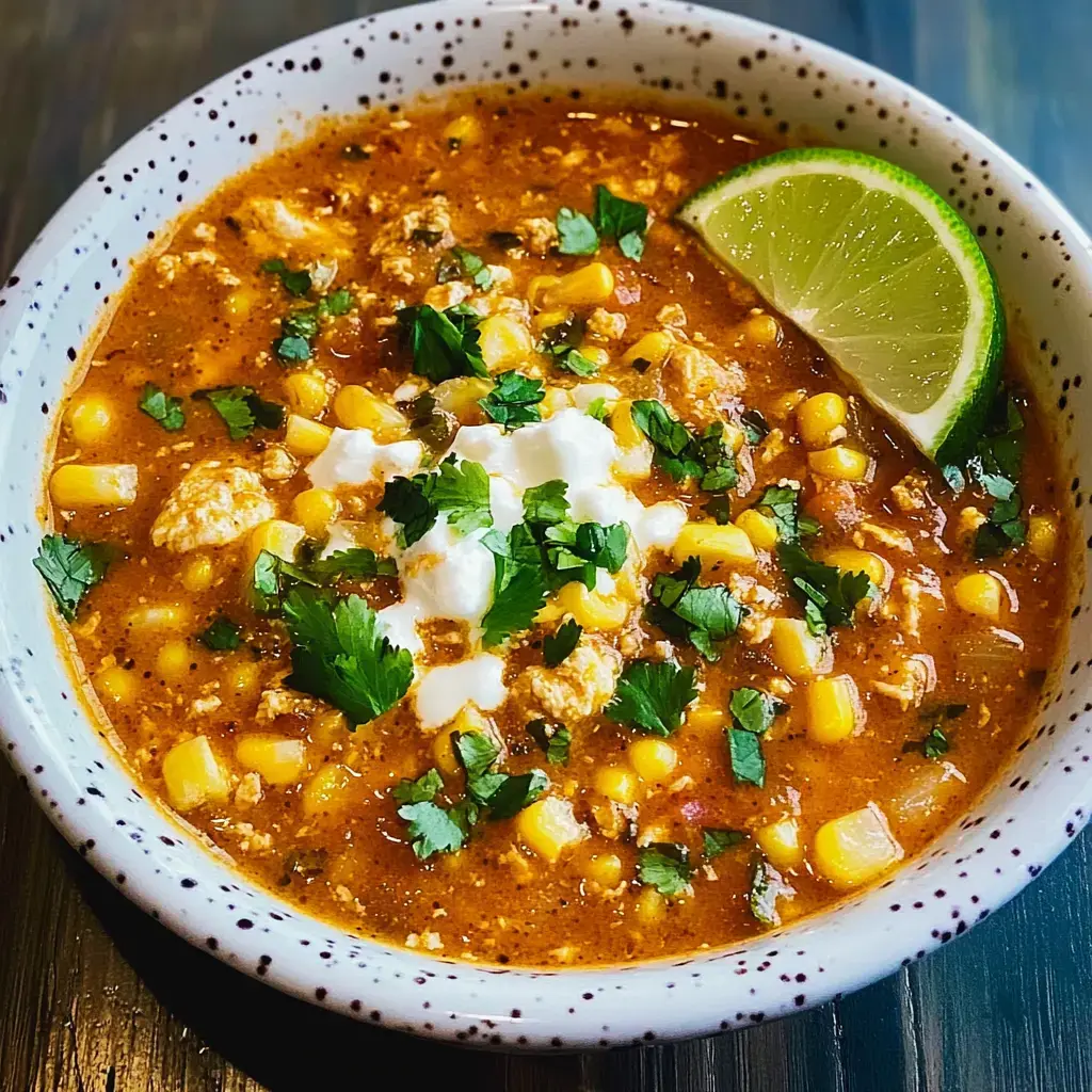 Un bowl con sopa cremosa de maíz, cilantro y pollo, decorada con una rodaja de limón.
