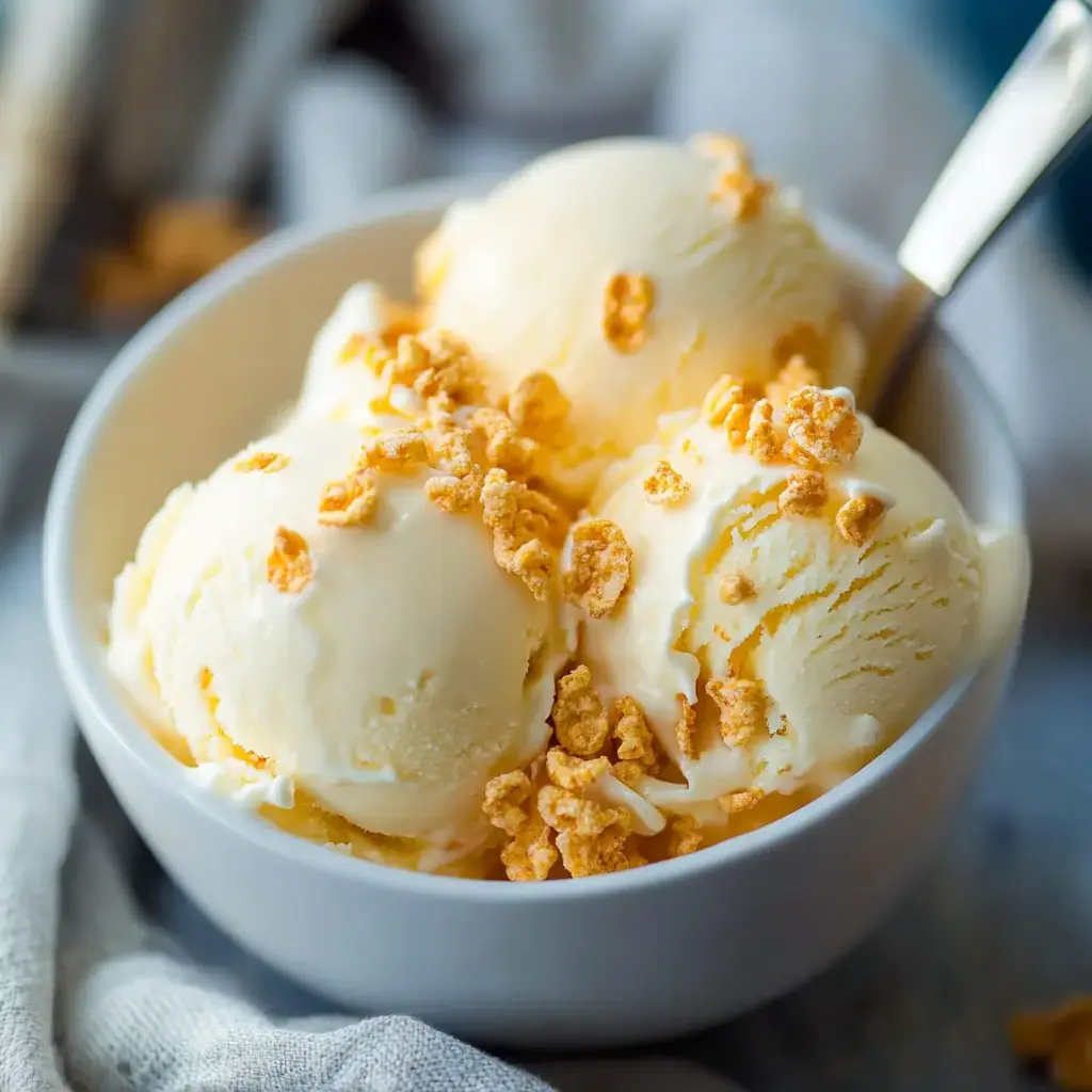 Un cuenco blanco con tres bolas de helado de vainilla cubiertas con hojuelas doradas crujientes.