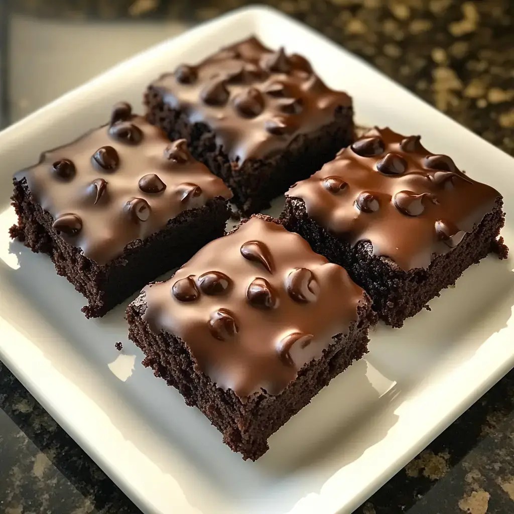Un plato con cuatro brownies de chocolate cubiertos con ganache brillante y trozos de chocolate.