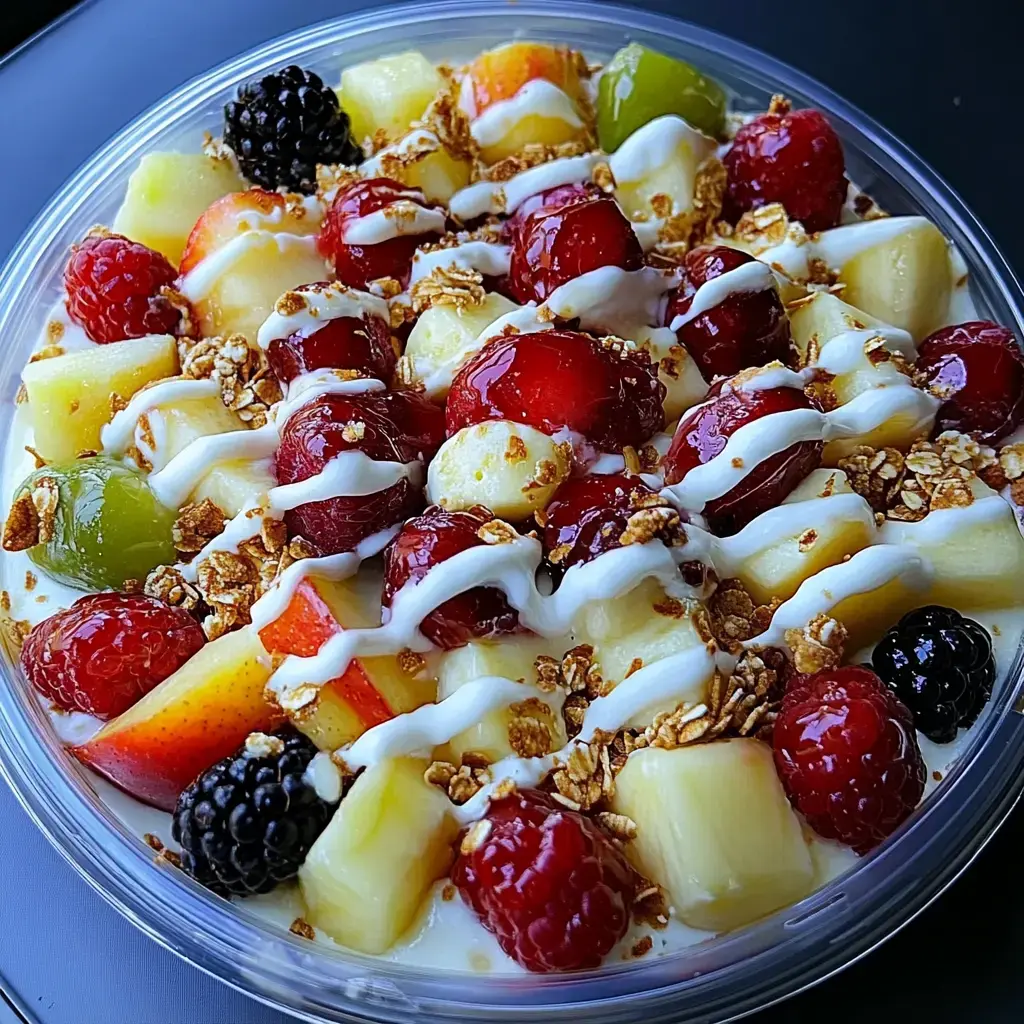 Un tazón transparente lleno de frutas frescas variadas, cubiertas con granola y un toque de yogur.