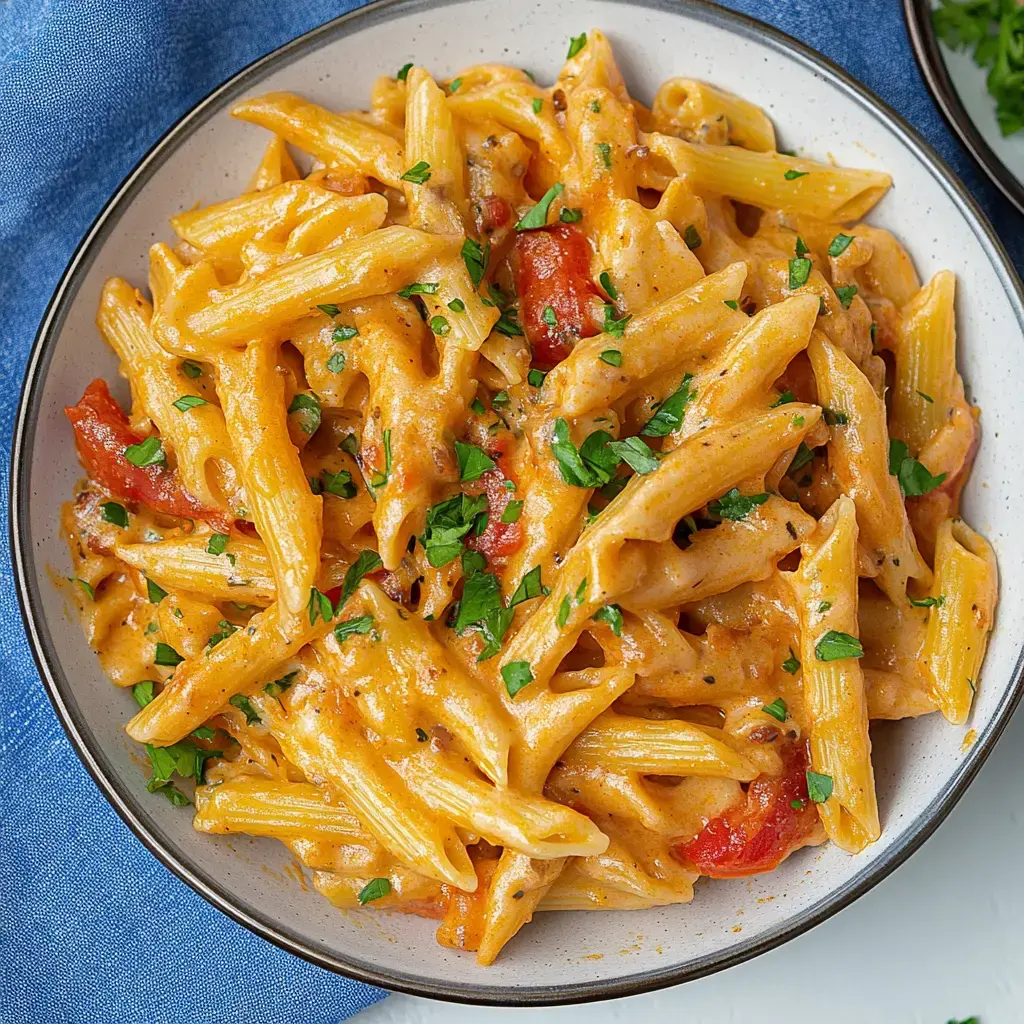 Un tazón de pasta penne cremosa con perejil fresco y tomates en dados.