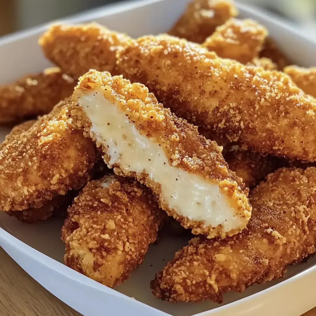 Un plato de tiras de pollo crujiente doradas, donde una de ellas está cortada para mostrar un relleno cremoso.