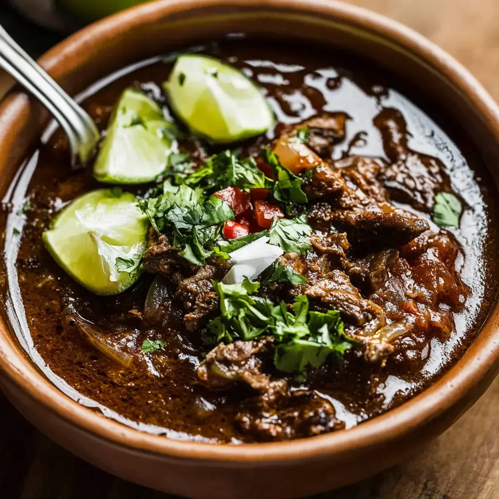 Un tazón de guiso de res lleno de color, decorado con gajos de limón, tomate picado y cilantro fresco.