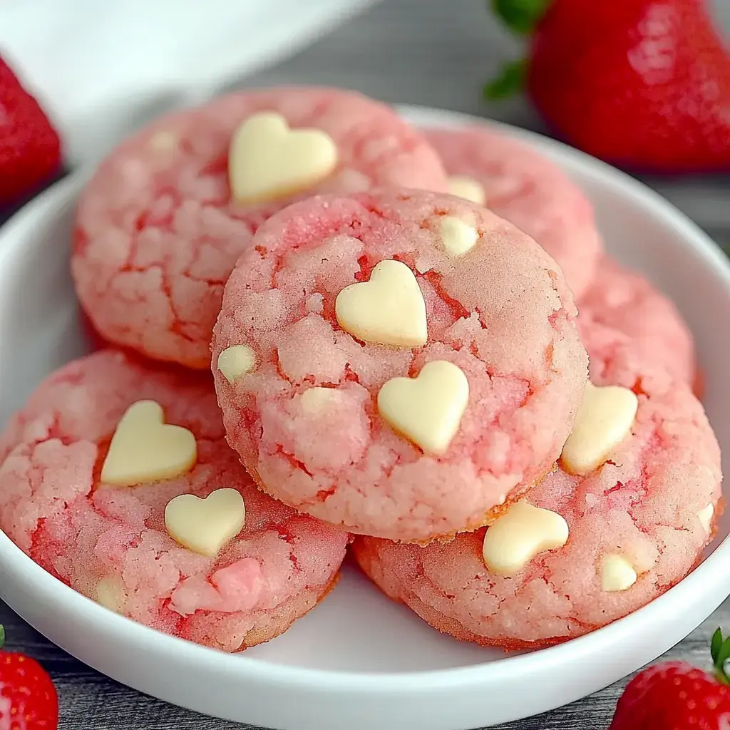 Un plato con galletas rosadas en forma de corazón con chispas de chocolate blanco, rodeadas de fresas frescas.