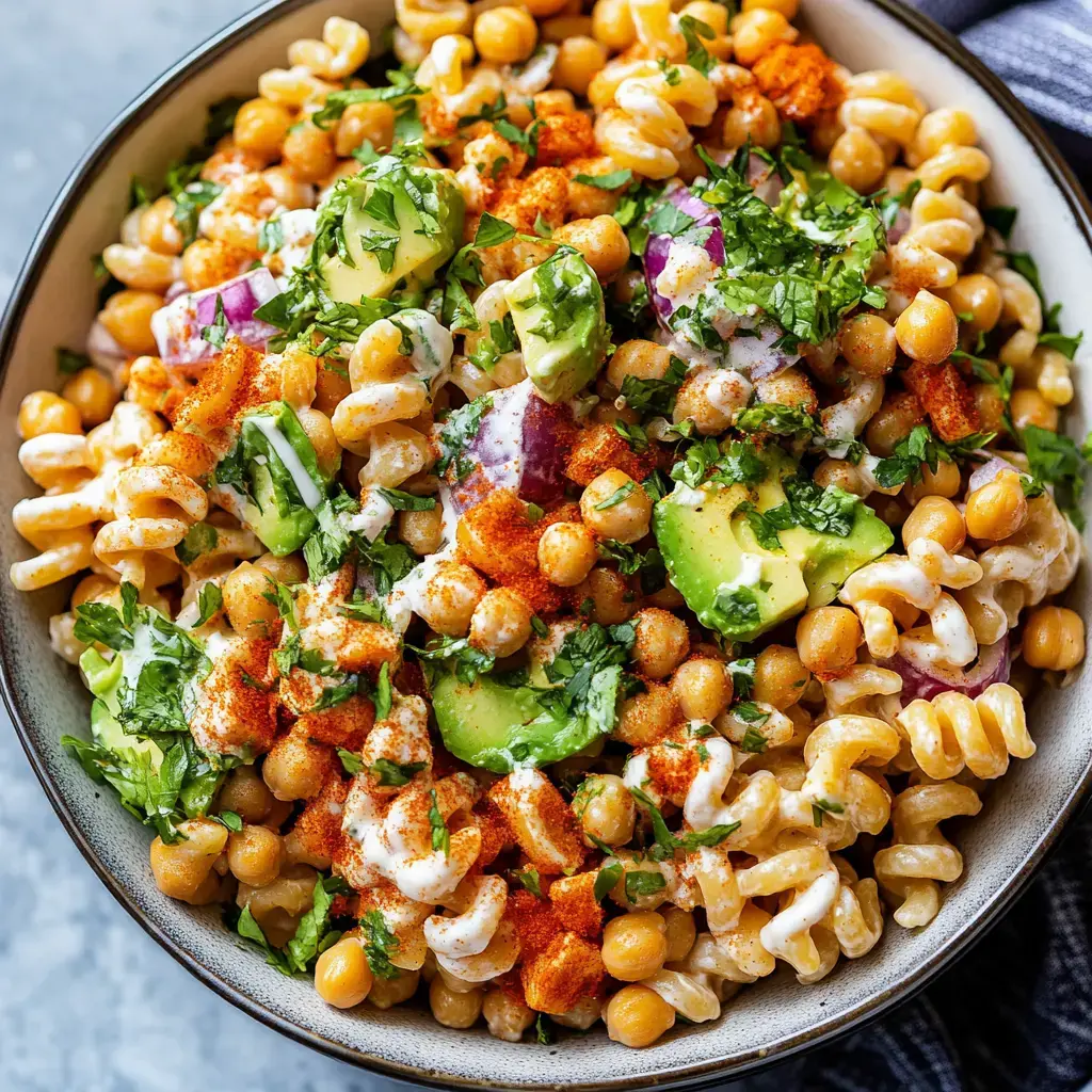 Un plato lleno de pasta colorida mezclada con garbanzos, aguacate y decorado con hierbas y especias.