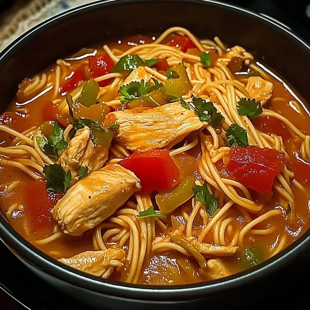 Un plato de sopa de fideos con pollo desmenuzado, pimientos de colores, tomates y cilantro fresco.