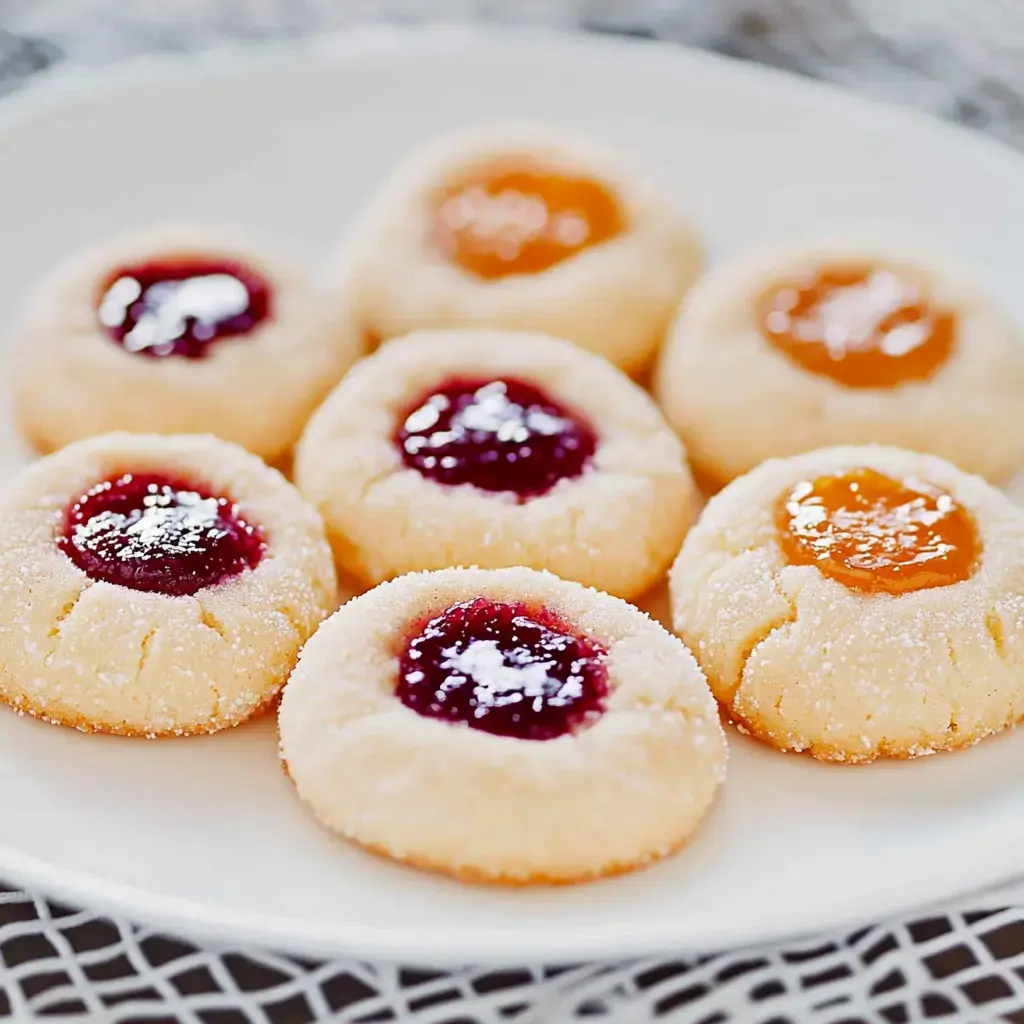 Un plato de galletas azucaradas con centros de mermelada de colores y distintos sabores.