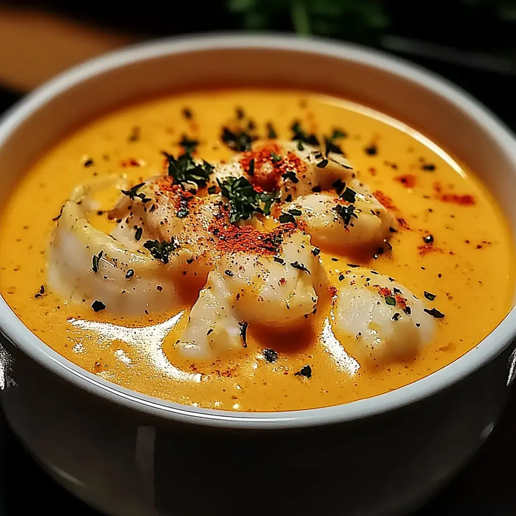 Un plato de sopa cremosa naranja con trozos de mariscos, perejil y un toque de pimentón.