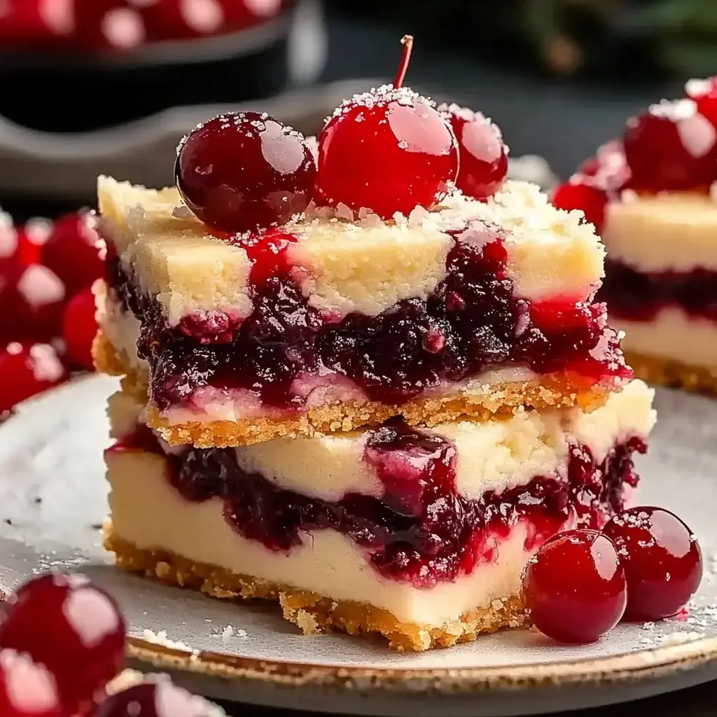 Un acercamiento de capas de barras de postre con una capa cremosa, relleno de frutas brillantes, coronado con cerezas y azúcar glass espolvoreado.