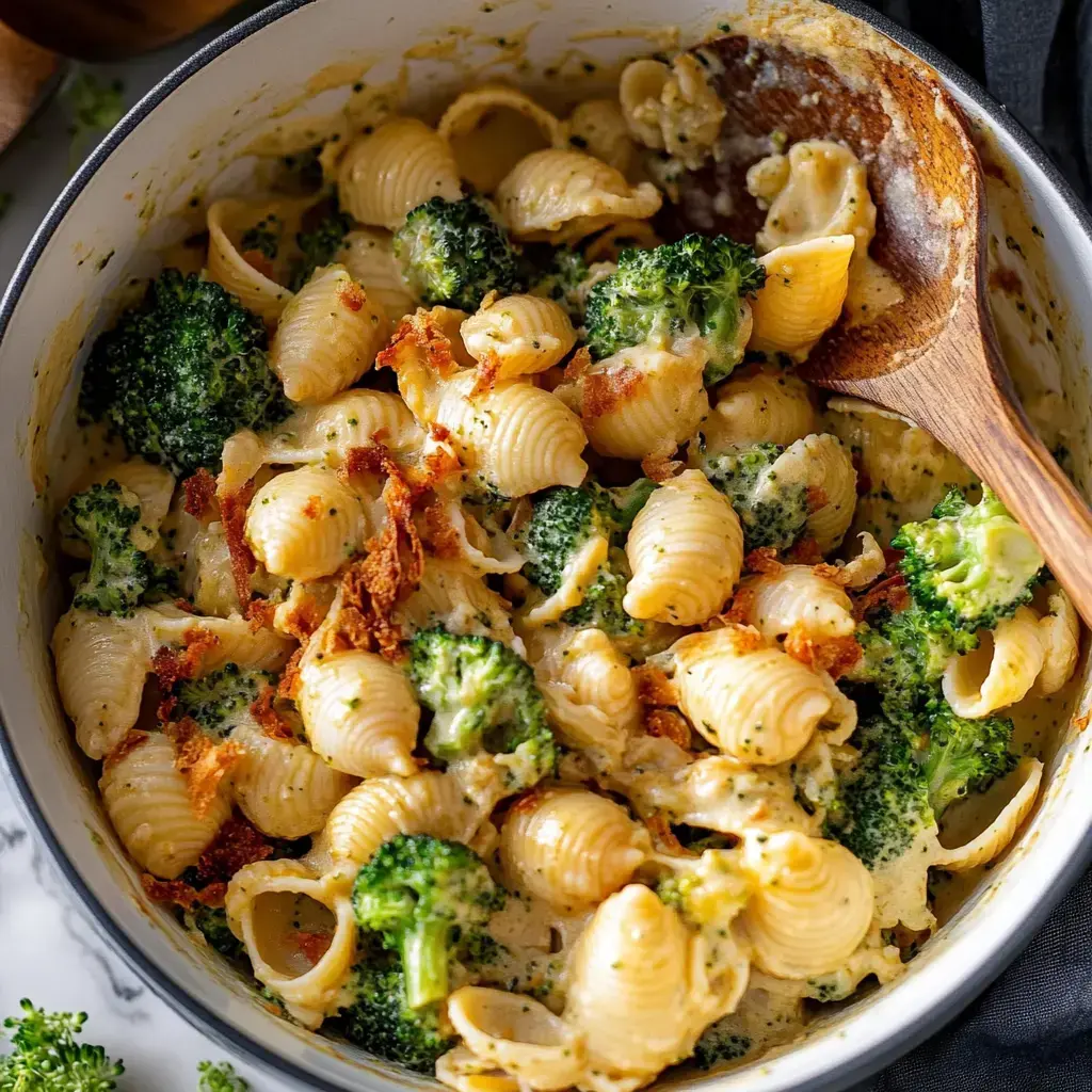 Un plato cremoso de pasta con forma de conchas, brócoli y chalotas crujientes servido en una olla.