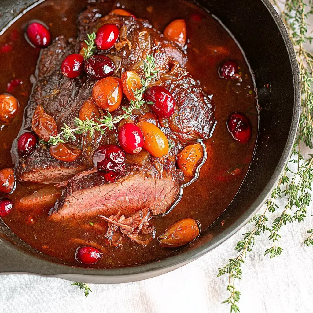 Un suculento trozo de carne tierna cubierto con arándanos y tomillo fresco, servido en una sartén oscura con salsa.