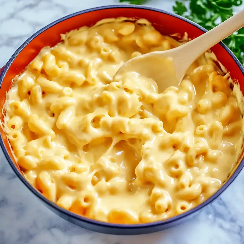 Un acercamiento de un tazón cremoso de macarrones con queso con una cuchara de madera dentro.