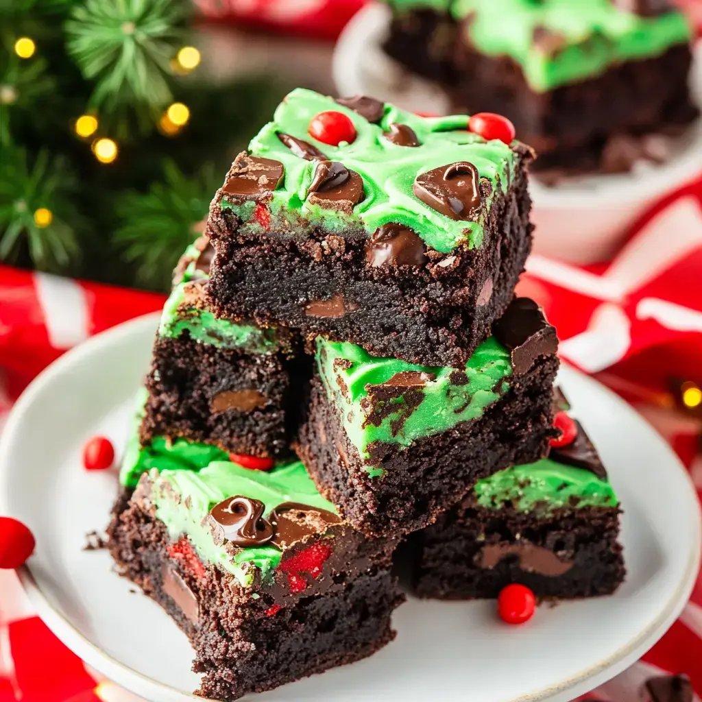 Unos brownies festivos decorados con glaseado verde, chispas de chocolate y caramelos rojos, en un fondo temático navideño.