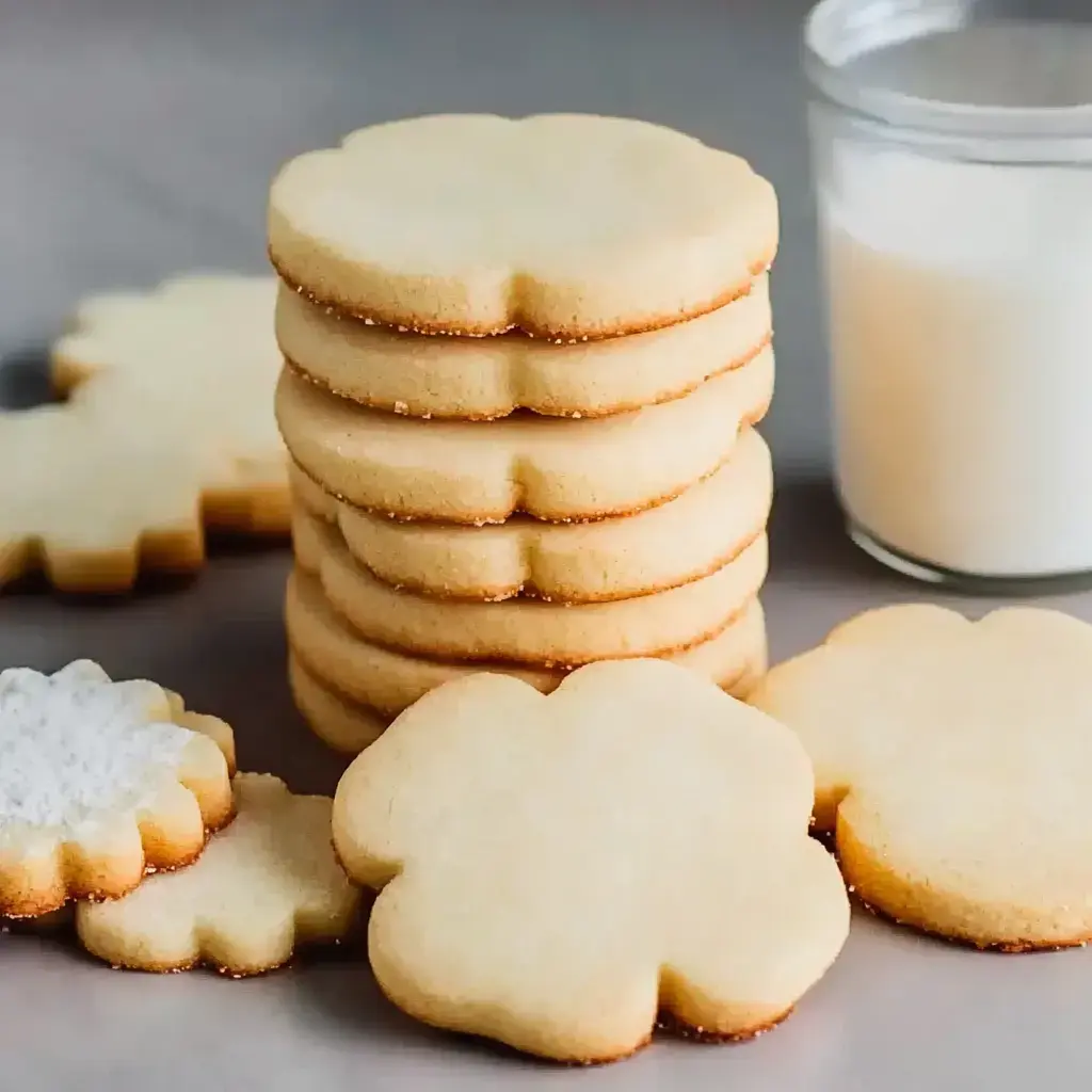 Una pila de galletas en forma de flor junto a un vaso de leche, con algunas galletas esparcidas alrededor.