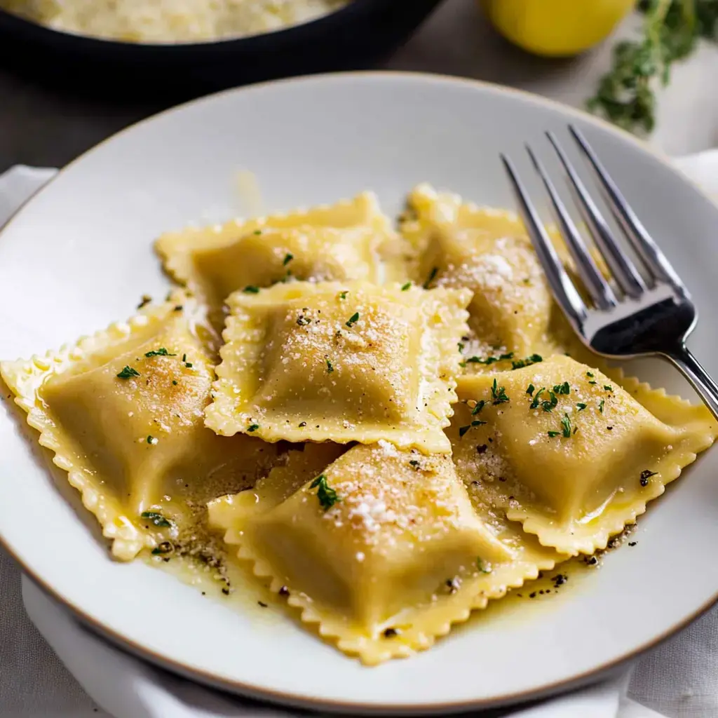 Un plato de ravioli decorado con perejil y queso rallado, acompañado de un tenedor.