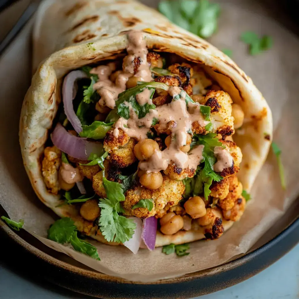 Un primer plano de un envuelto relleno de coliflor asada, garbanzos, cebolla roja, cilantro fresco y un toque de salsa cremosa, servido en un plato.