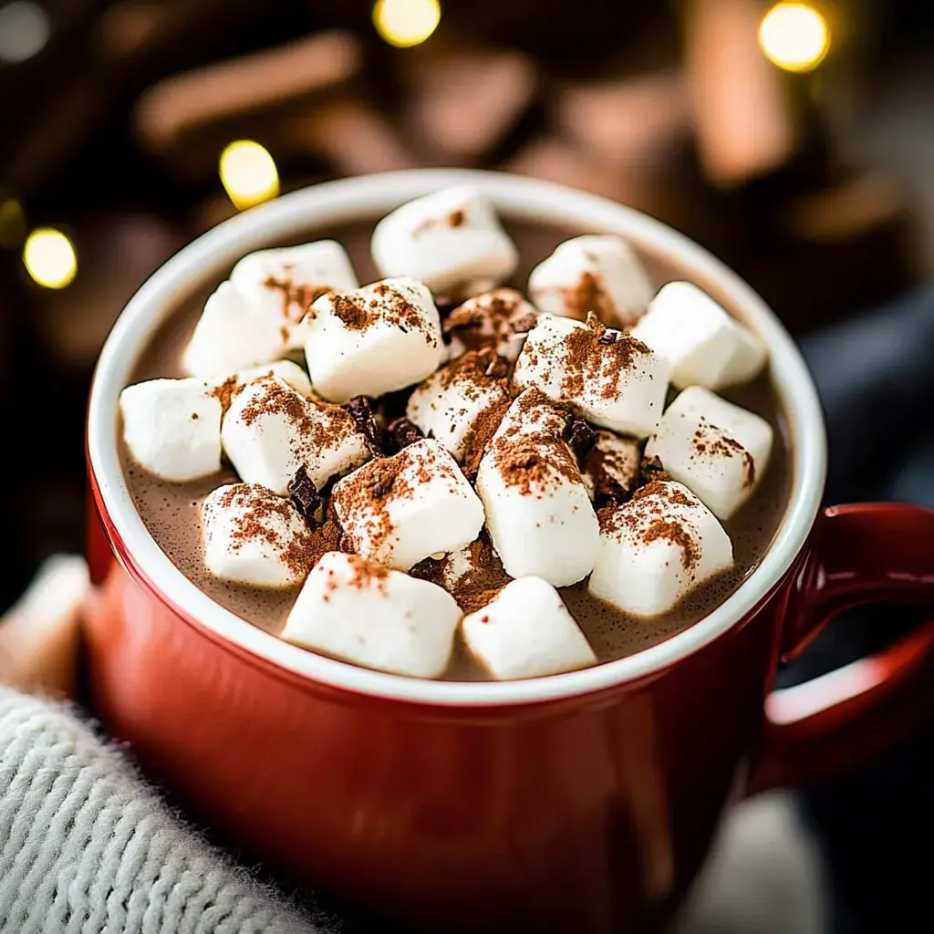 Un acercamiento de una taza roja llena de chocolate caliente, con malvaviscos esponjosos y una pizca de cacao en polvo.