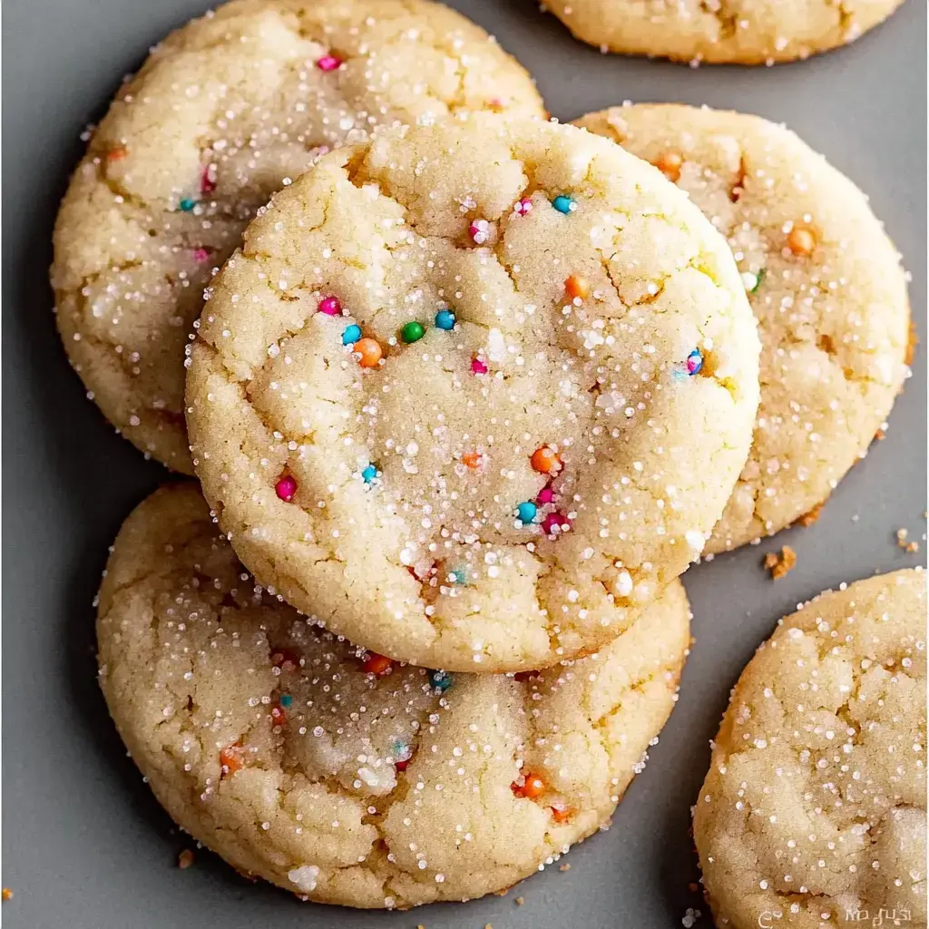 Vista cercana de galletas claras decoradas con confites de colores y azúcar sobre un plato gris.