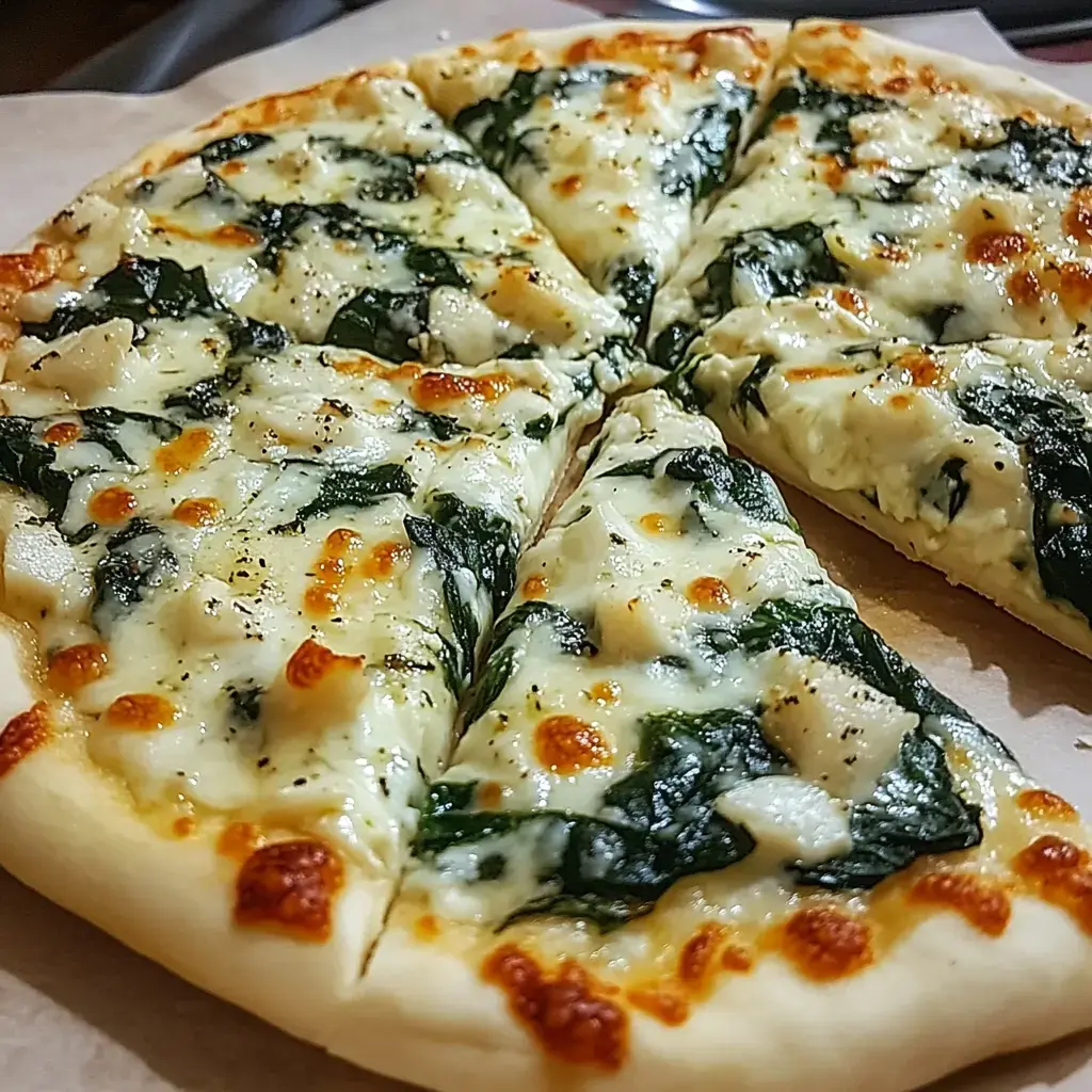 Una pizza recién horneada con bordes dorados, cubierta de queso fundido, espinacas y ajo, cortada en seis porciones.
