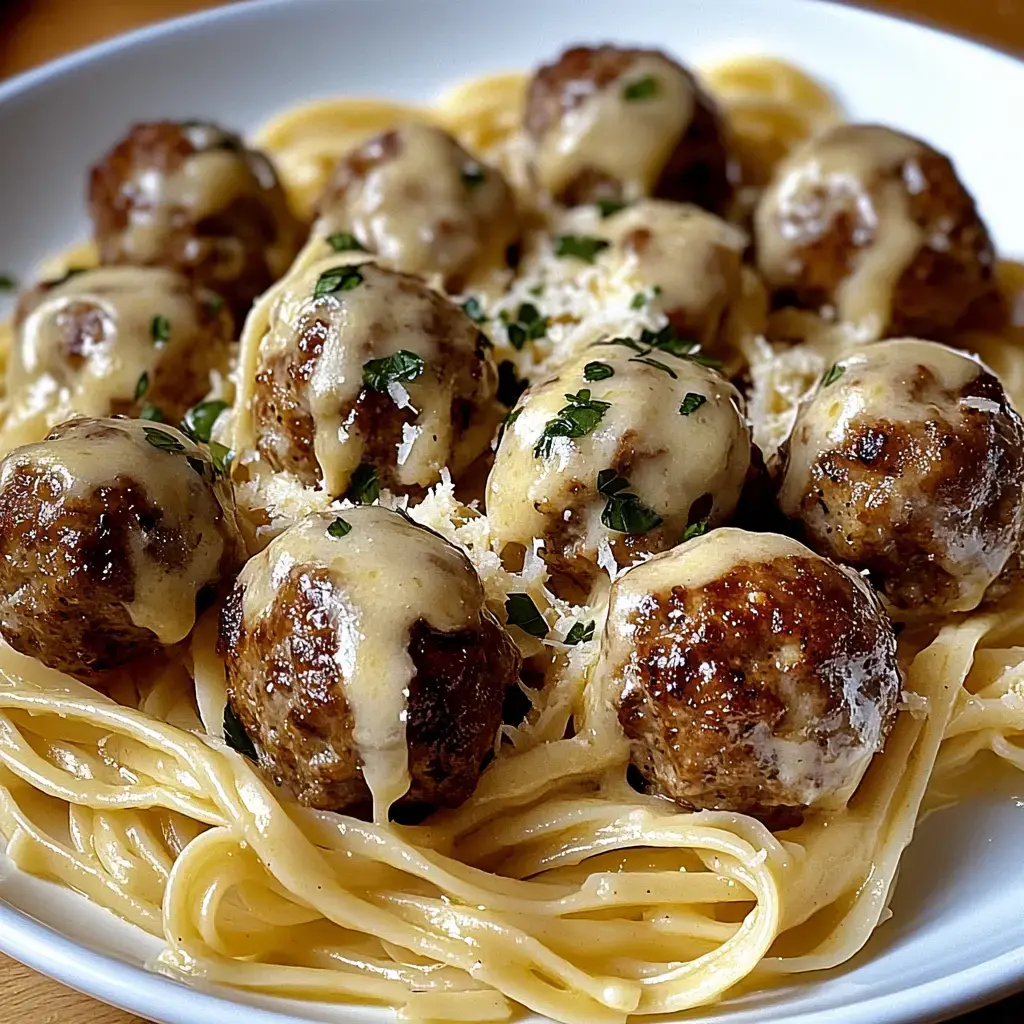 Un plato de espaguetis con albóndigas cubiertas de queso y decoradas con perejil.