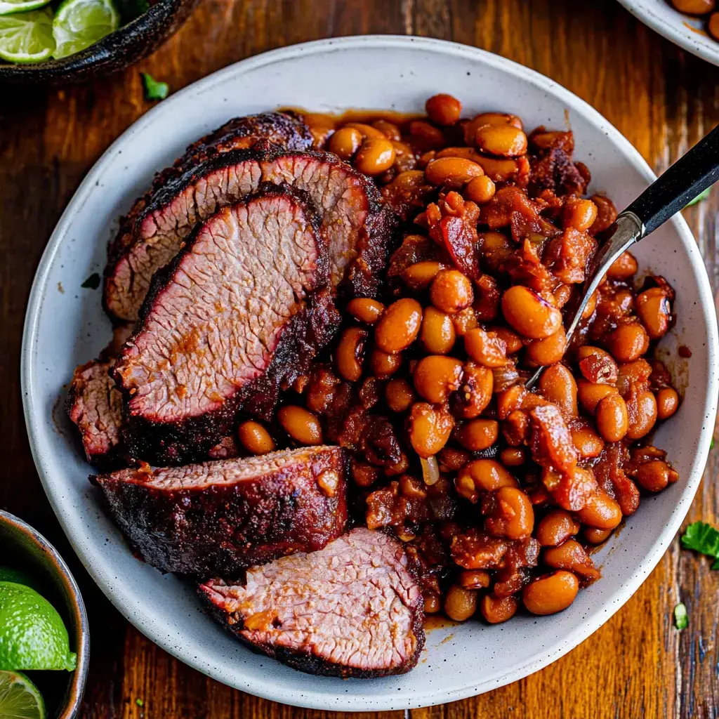 Un plato de brisket ahumado en rebanadas servido con una porción de frijoles horneados.