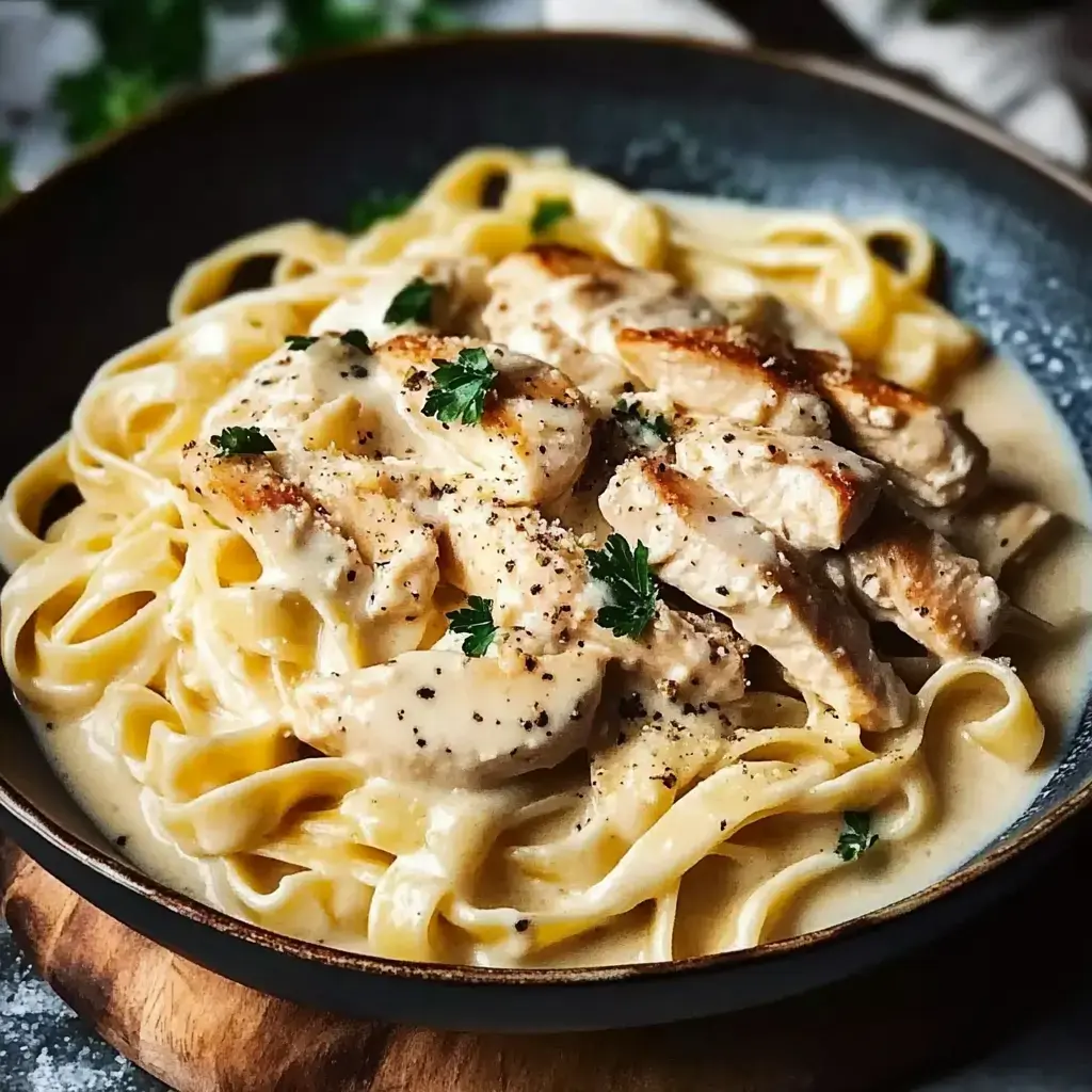 Un plato de fettuccine cremoso con pollo a la parrilla y decorado con perejil.