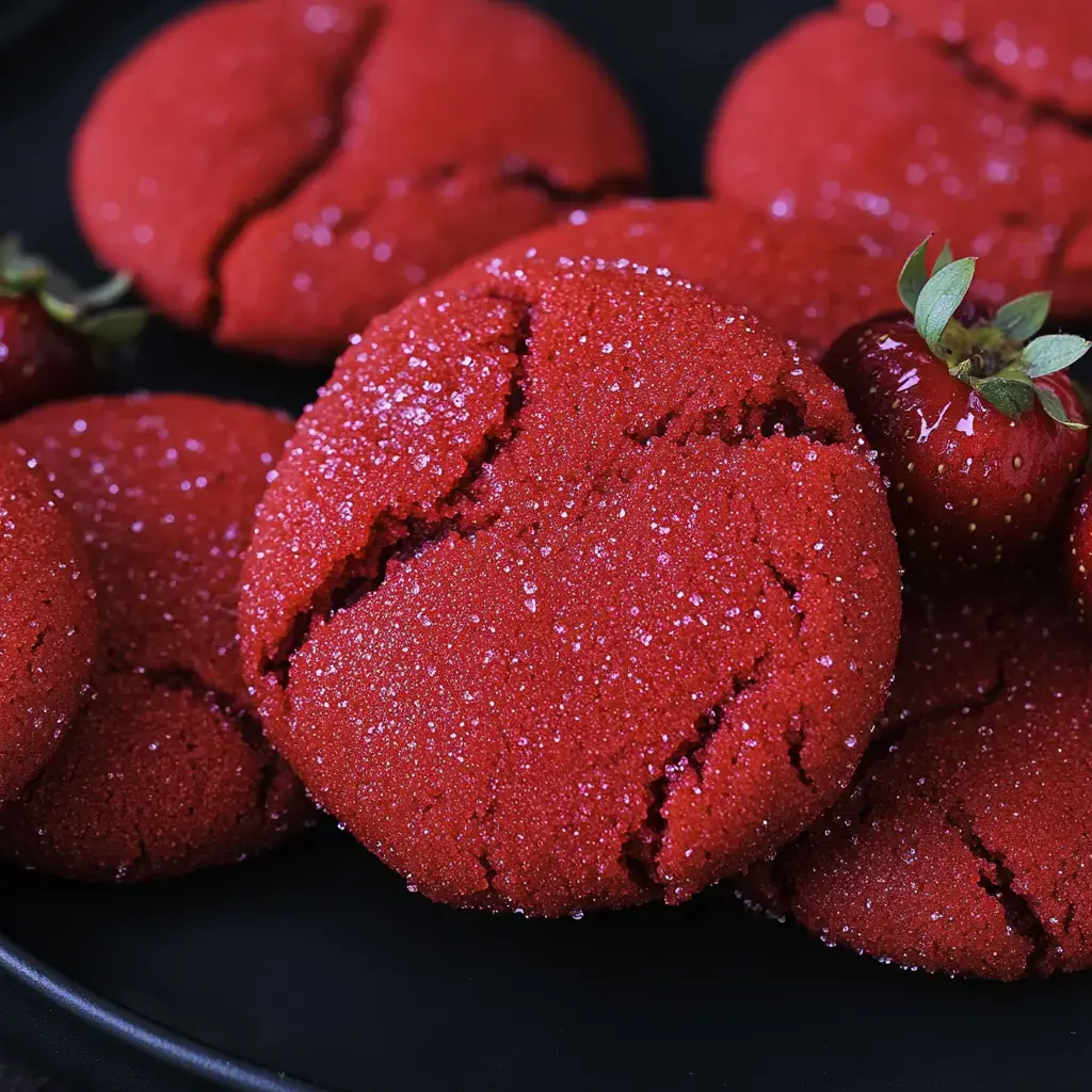 Una toma cercana de galletas rojas vibrantes cubiertas en azúcar, acompañadas de fresas frescas, dispuestas en un plato negro.