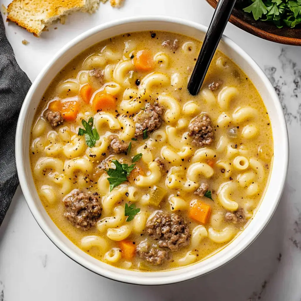 Un plato de sopa cremosa con macarrones, carne molida, zanahorias y perejil, acompañado de un trozo de pan tostado.