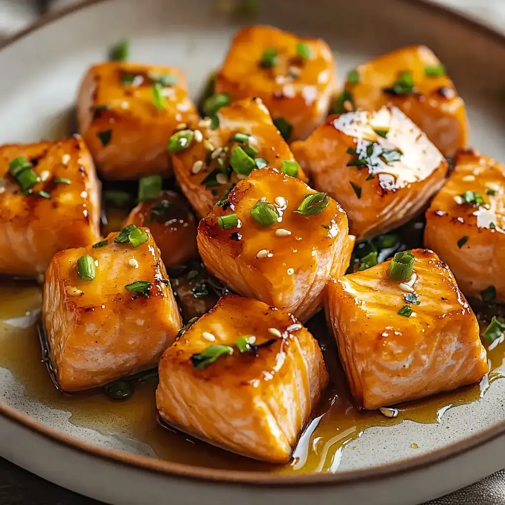 Un plato con cubos de salmón salteados adornados con cebollín y semillas de sésamo, cubiertos con una salsa brillante.