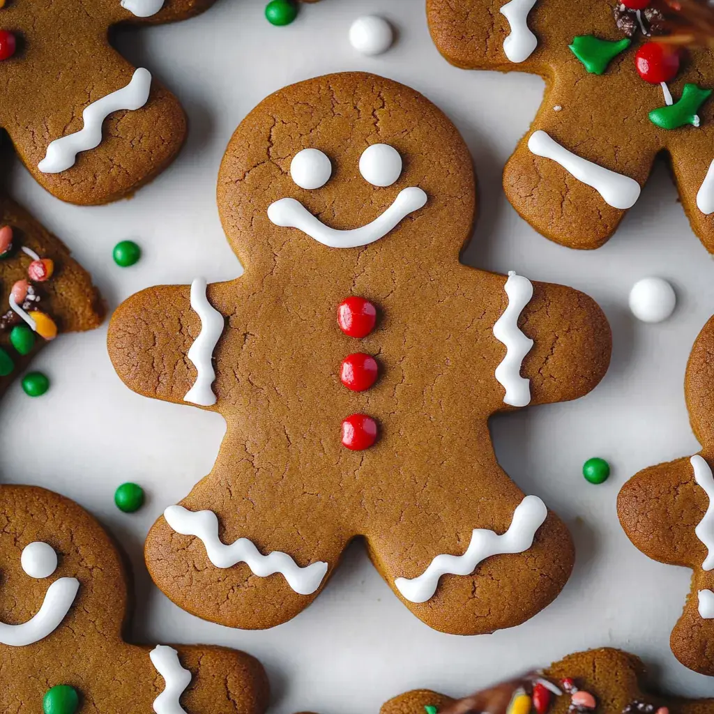 Un primer plano de galletas de jengibre decoradas, mostrando un muñeco sonriente con detalles de glaseado rojo y blanco.